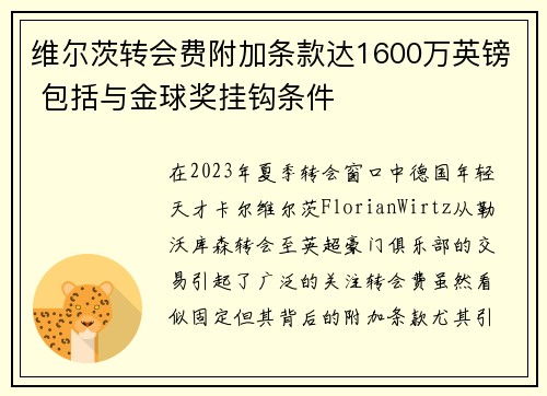 维尔茨转会费附加条款达1600万英镑 包括与金球奖挂钩条件